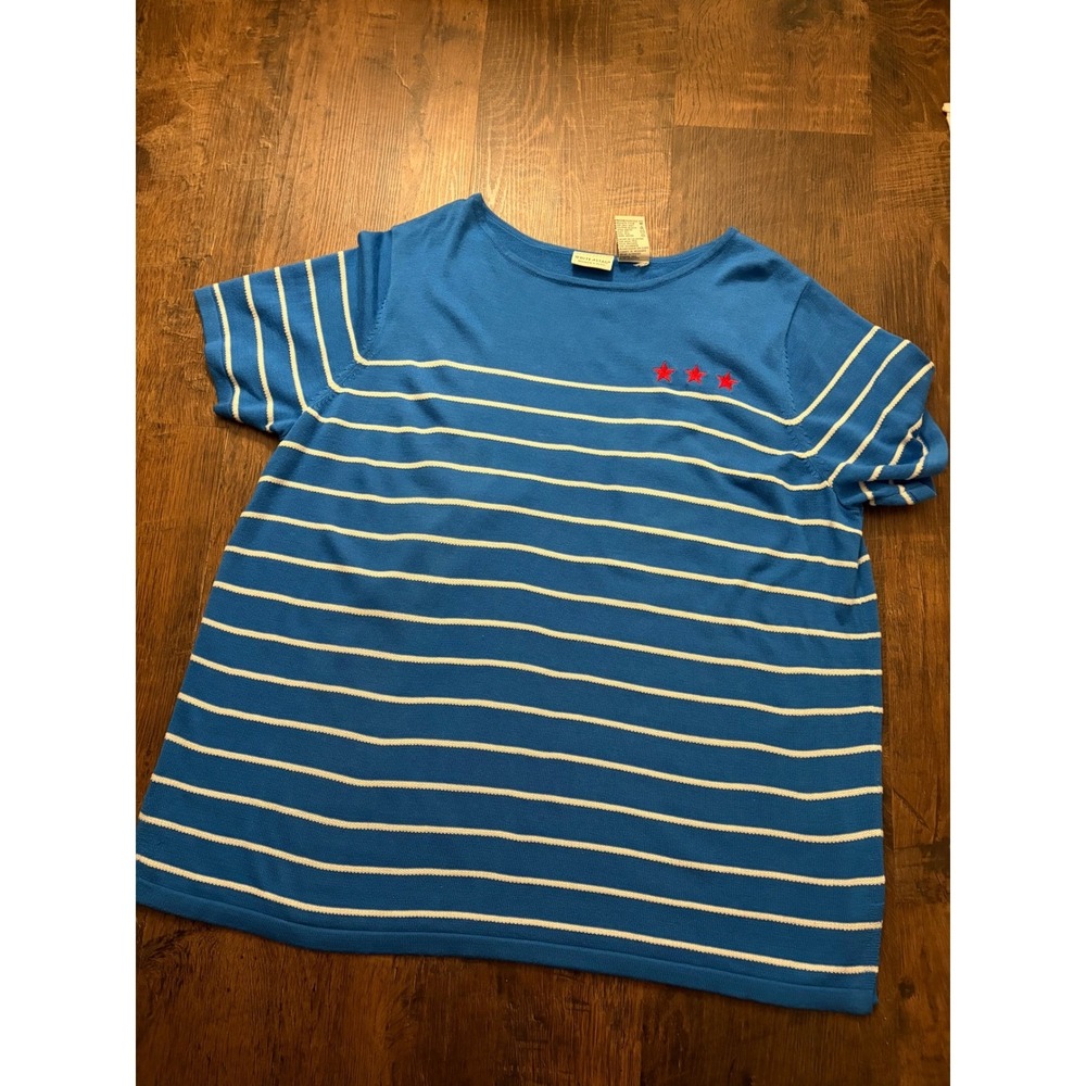 White Stag Women Plus 22W 24W Blue Striped Star Knit Short Sleeve Top Sweater